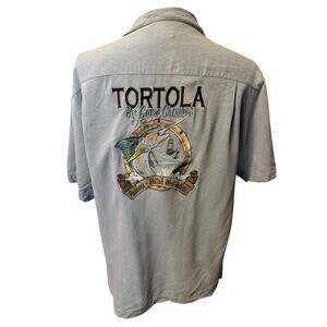 Pussers Embroidered Tortola Back Panel Blue Silk Short Sleeve Camp Shirt Medium